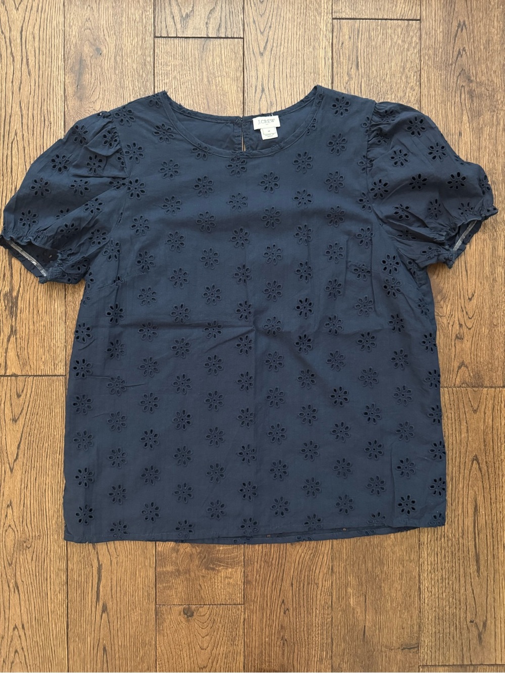 J. Crew Navy Eyelet Puff-Sleeve Top